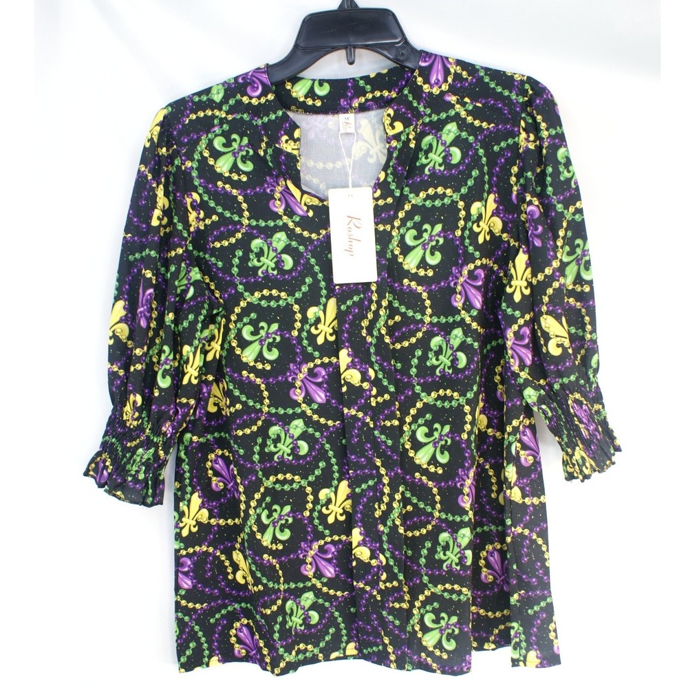 Roshop Womens Mardi Gras Fleur De Lis Bead Print Blouse Purple Green Gold Medium
